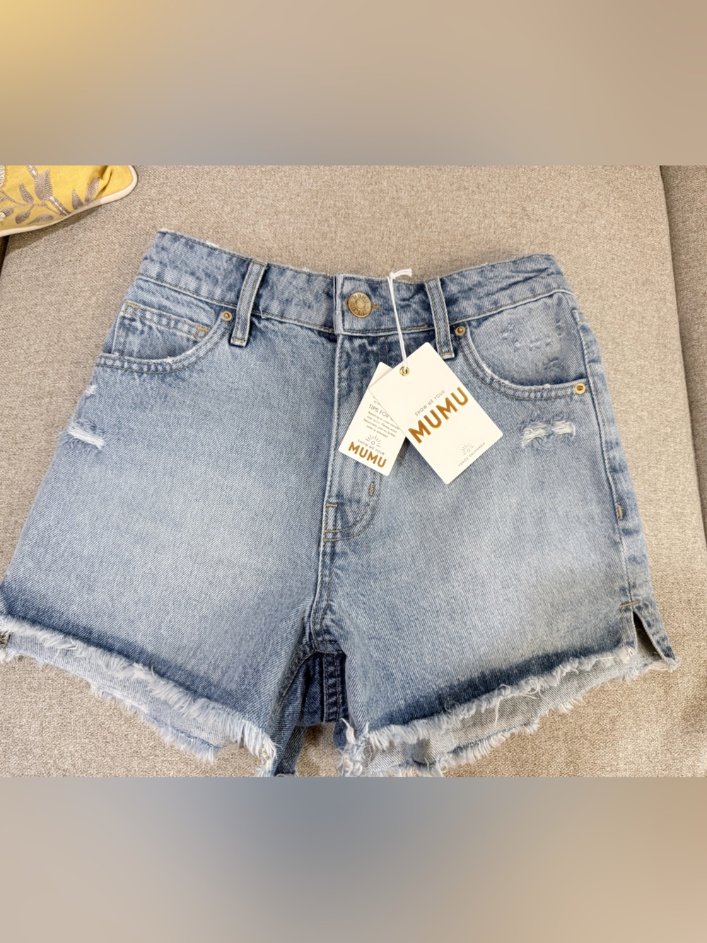 Show Me Your MuMu Light Wash Frayed Denim Shorts
